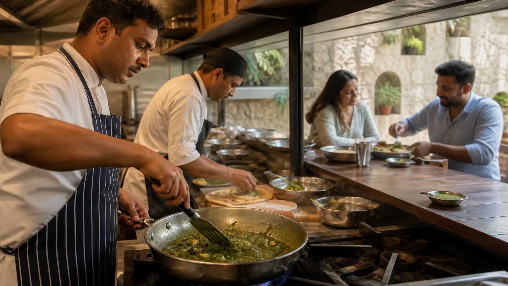Chef incorporating a green culinary paste into a prepared dish