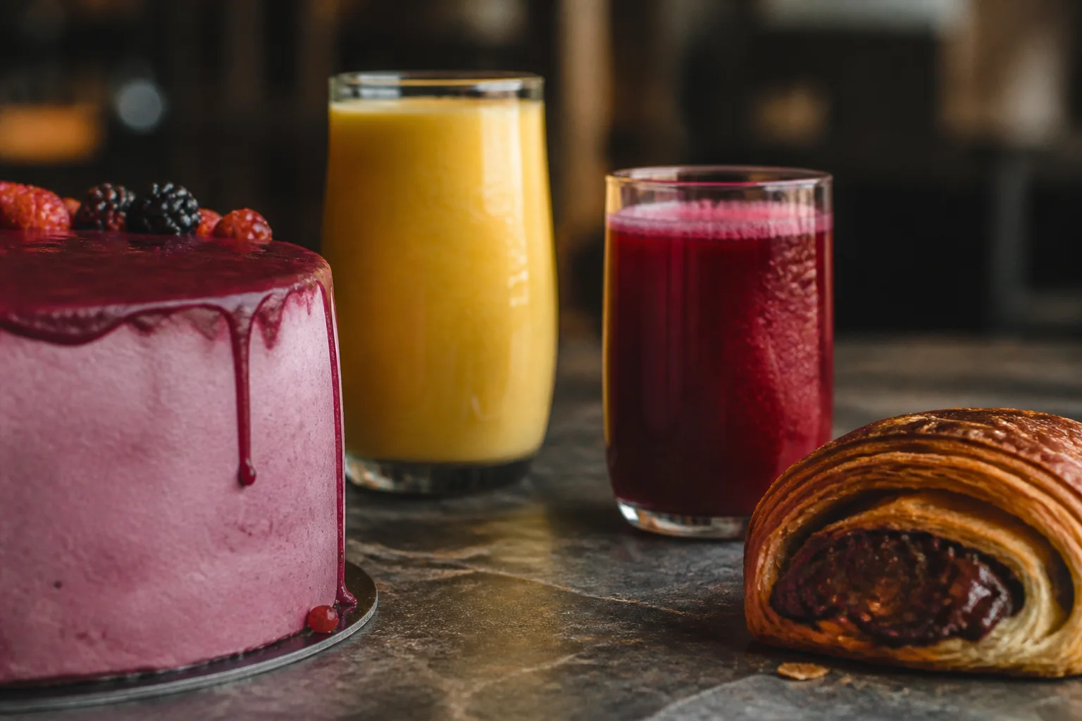 Berry cake, mango and red fruit drinks, and chocolate-filled pastry applications