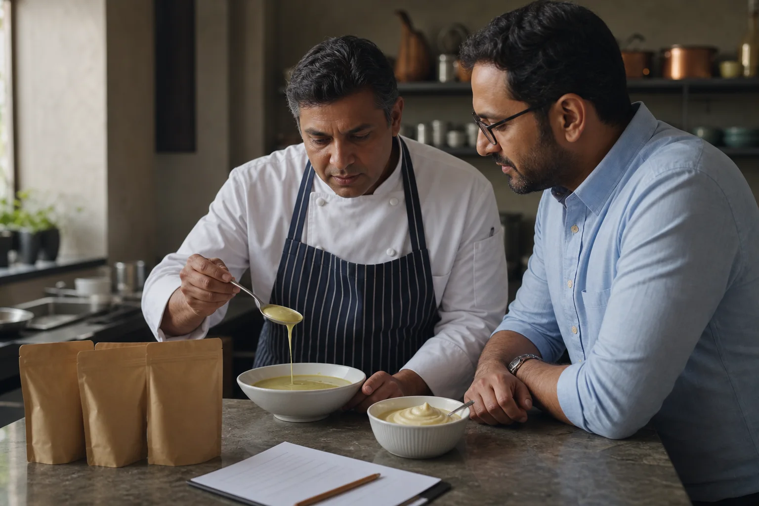 Chef and customer assessing texture in two finished-food applications